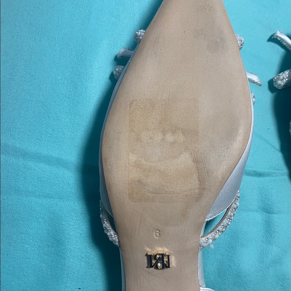 Badgley Mischka White Satin Pointed Toe Slingback Heels with Crystal Bow Accent - Picture 11 of 13